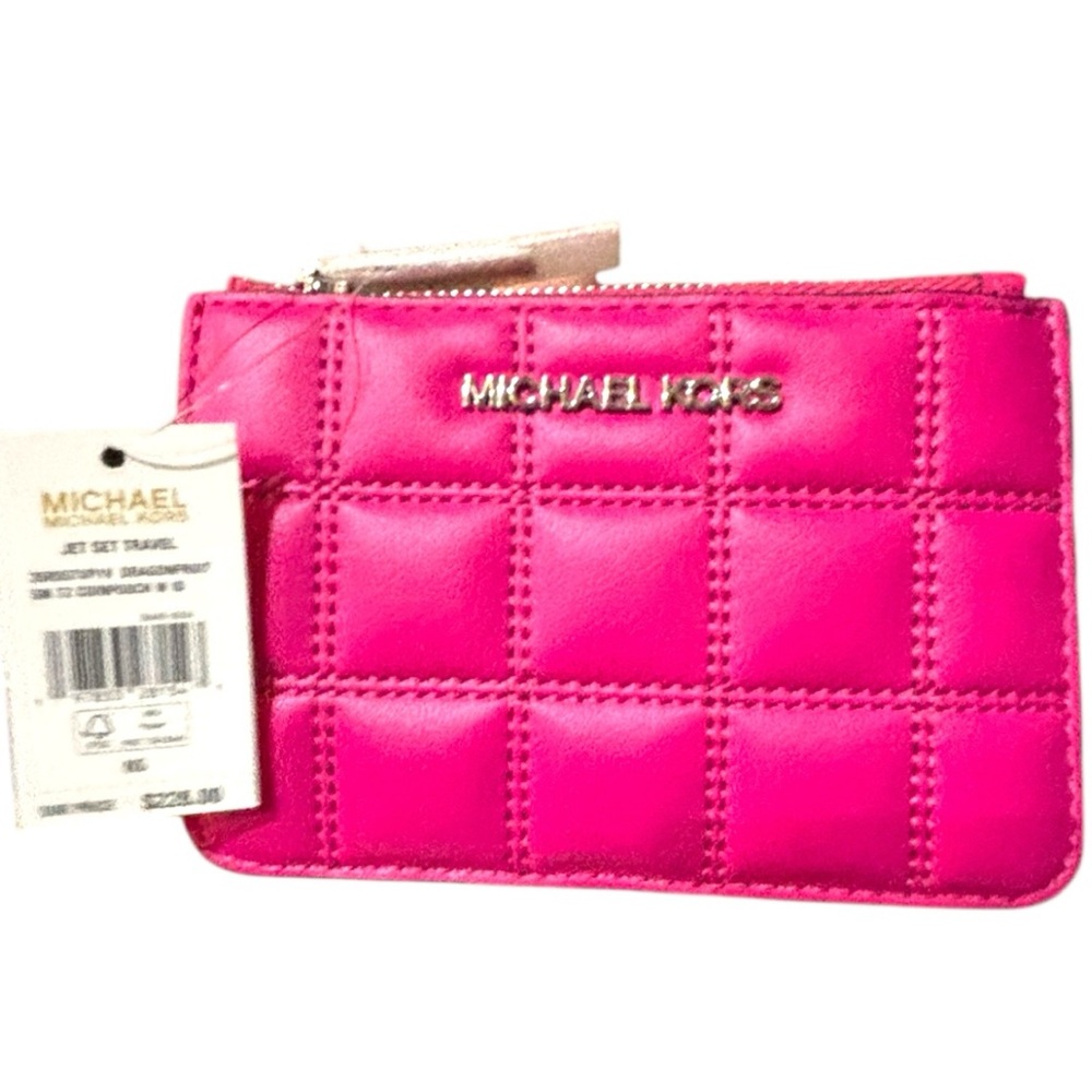 Michael Kors Jet Set Travel Quilted Card Wallet Keychain Dragonfruit Pink NWT - Picture 5 of 7